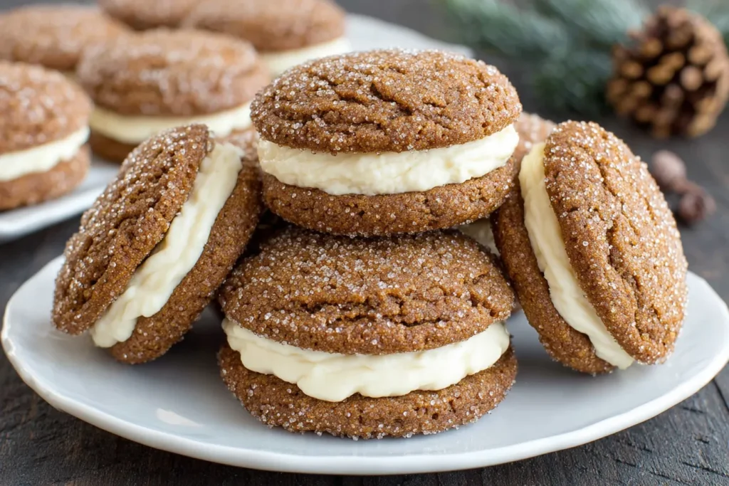 Sparkling Ginger Molasses Sandwich Cookies with Eggnog Frosting on a white plate.