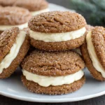 Sparkling Ginger Molasses Sandwich Cookies with Eggnog Frosting on a white plate.