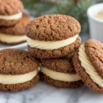 Holiday Ginger Molasses Sandwich Cookies with Eggnog Frosting arranged on a marble counter.