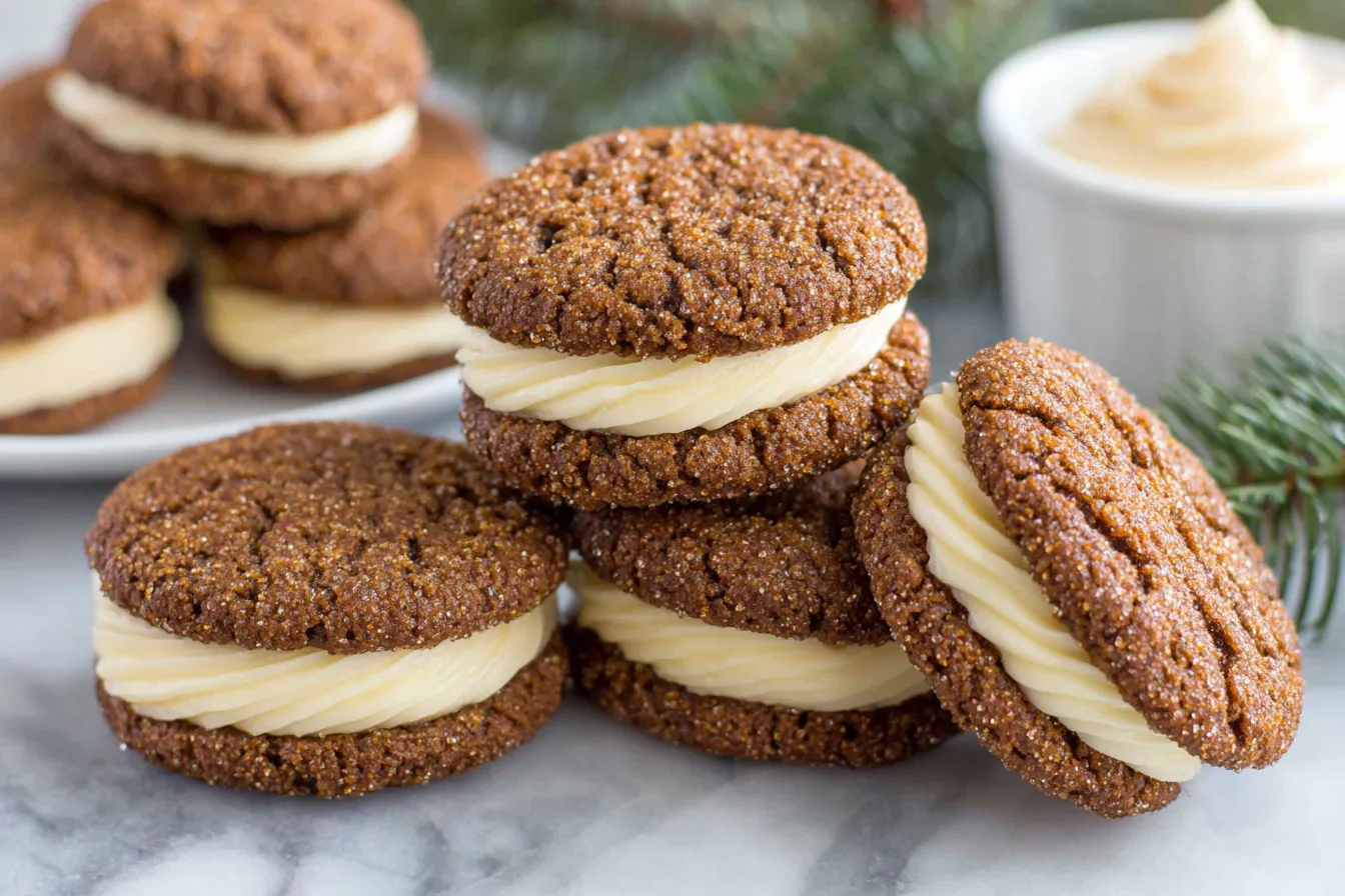 Holiday Ginger Molasses Sandwich Cookies with Eggnog Frosting arranged on a marble counter.