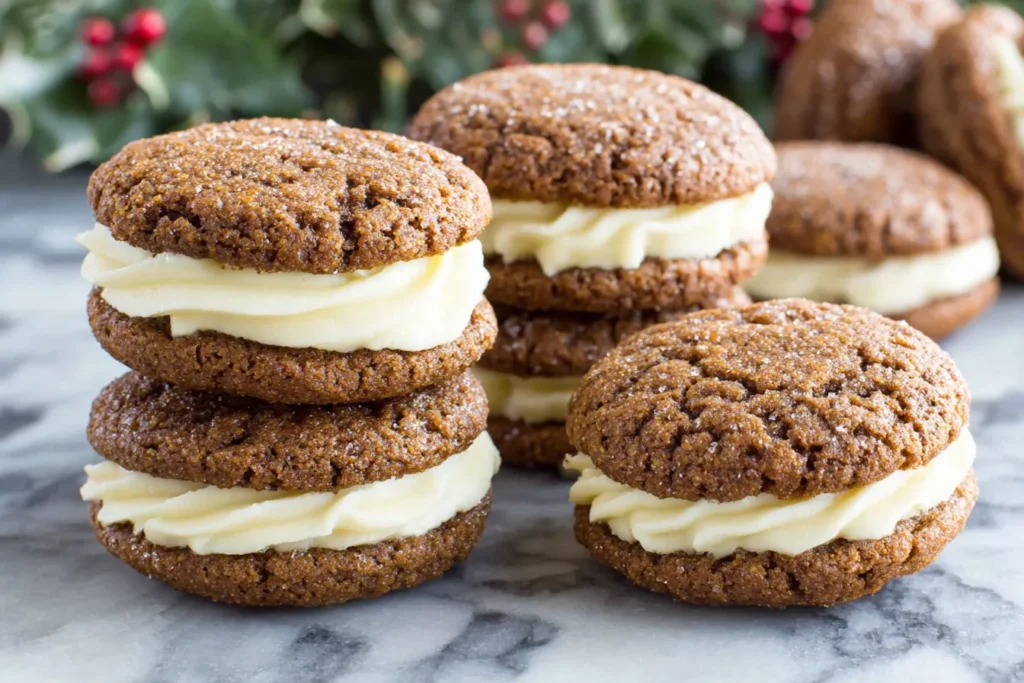 Ginger Molasses SandwSoft and chewy Ginger Molasses Sandwich Cookies with Eggnog Frosting stacked on a marble surface.ich Cookies With Eggnog Frosting3