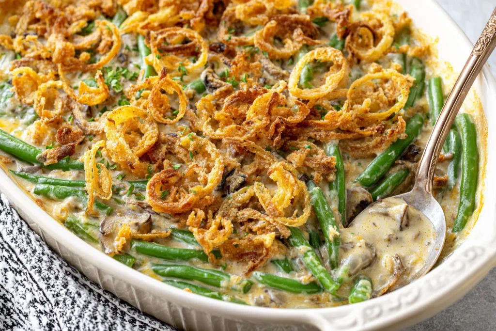 Gluten-Free Southern Green Bean Casserole made with fresh beans and crispy onions.