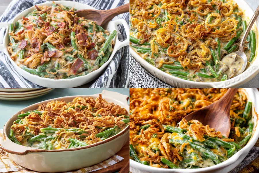 A delicious collage of the Best Southern Green Bean Casserole Recipes featuring traditional, cheesy, bacon, and gluten-free versions.