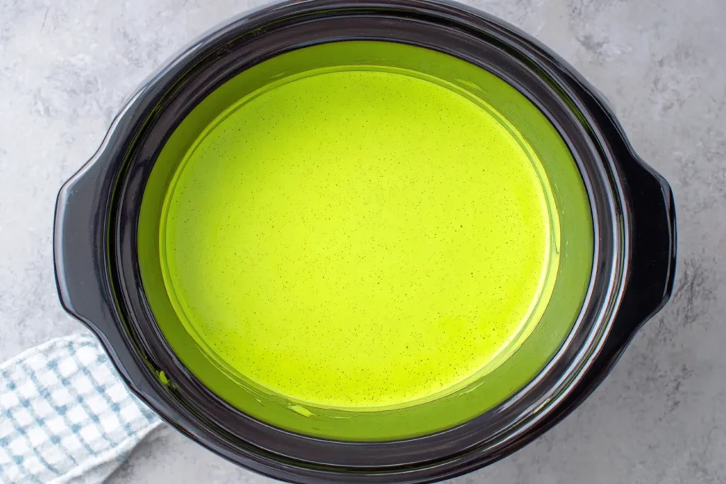 Grinch Hot Chocolate warming in a slow cooker for a creamy festive drink