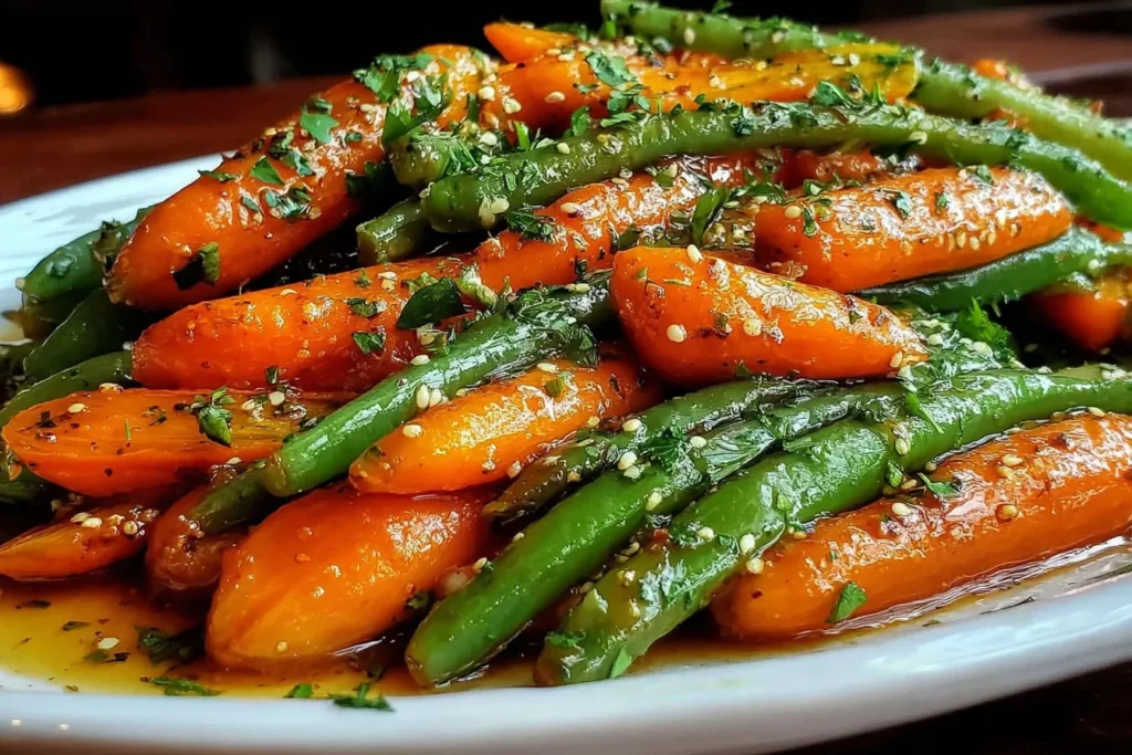 Honey Glazed Carrots & Green Beans topped with sesame seeds and fresh parsley.
