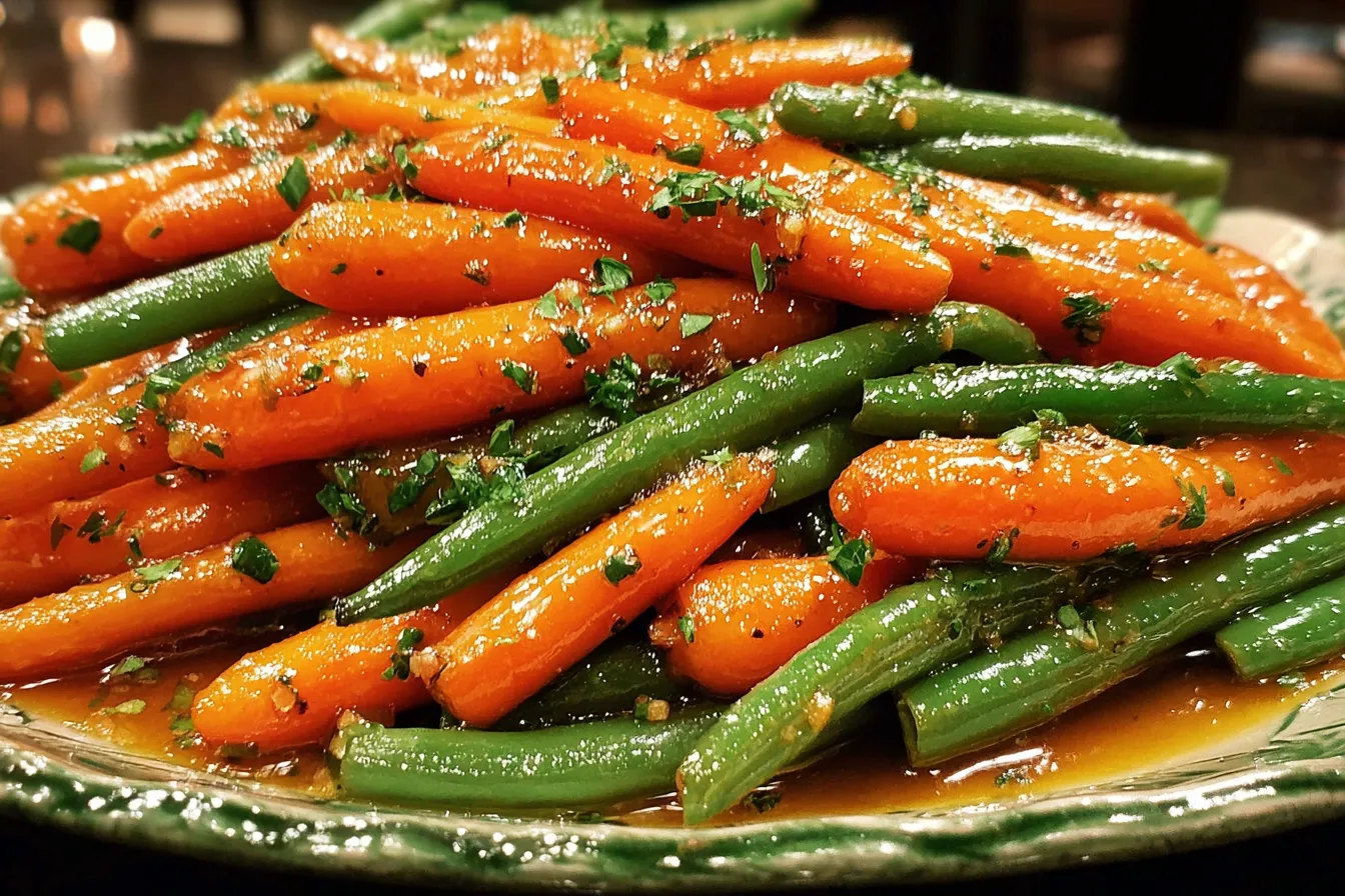 Honey Glazed Carrots & Green Beans with fresh parsley garnish.