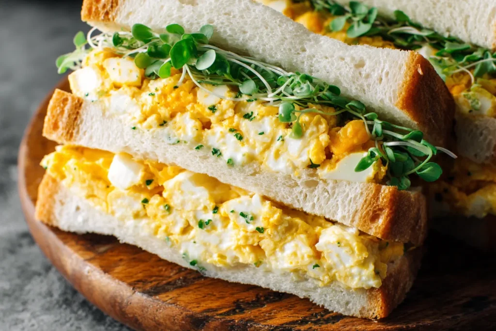 Japanese Egg Sandwich with creamy egg filling and chives on fluffy milk bread