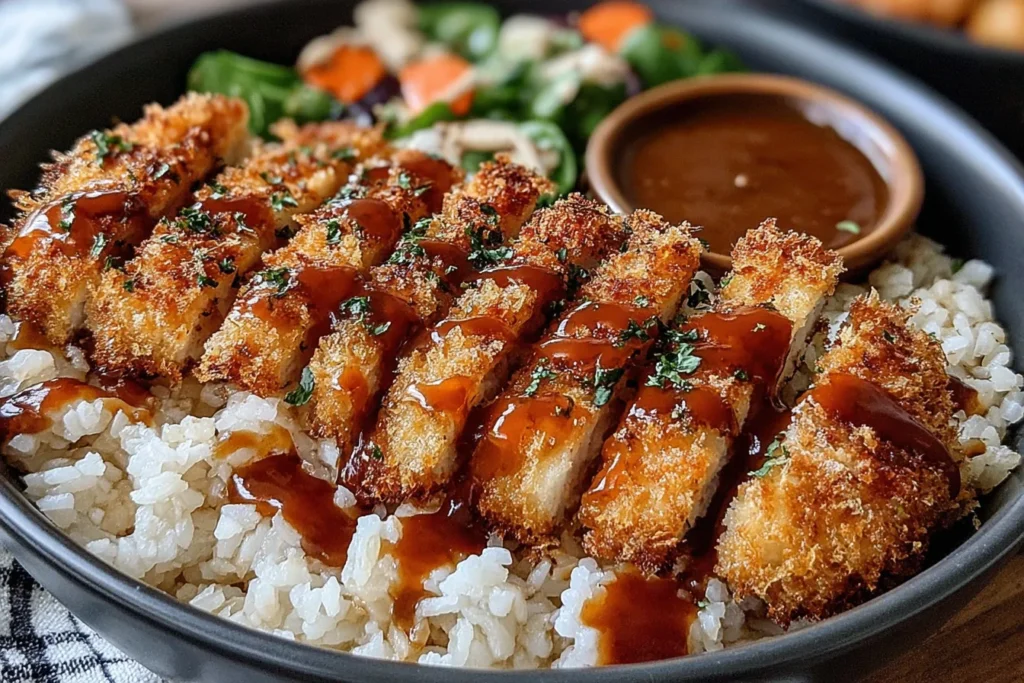 Crispy chicken katsu served over fluffy rice with rich sauce drizzled on top in Japanese Katsu Bowls with Tonkatsu Sauce.
