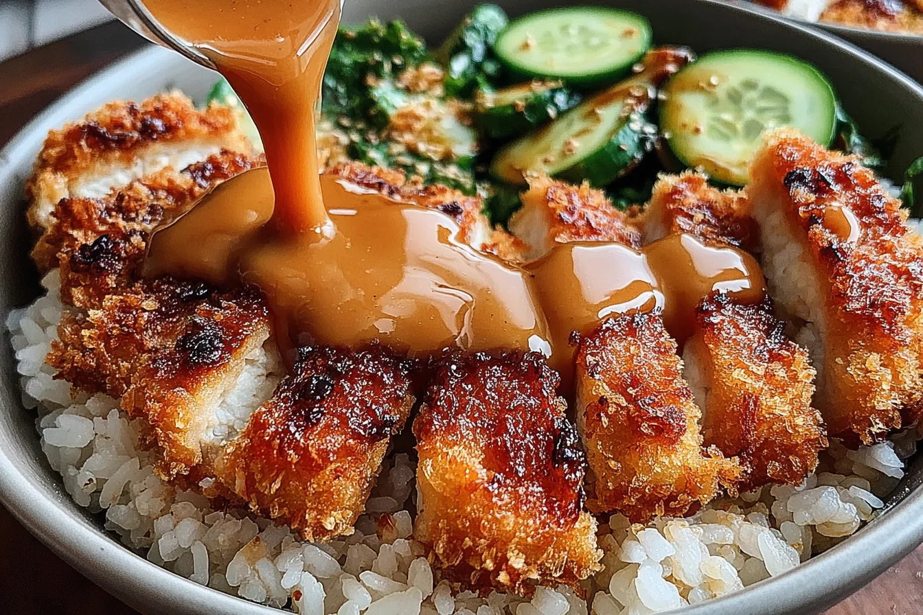 Golden chicken katsu topped with creamy tonkatsu sauce poured fresh in Japanese Katsu Bowls with Tonkatsu Sauce.