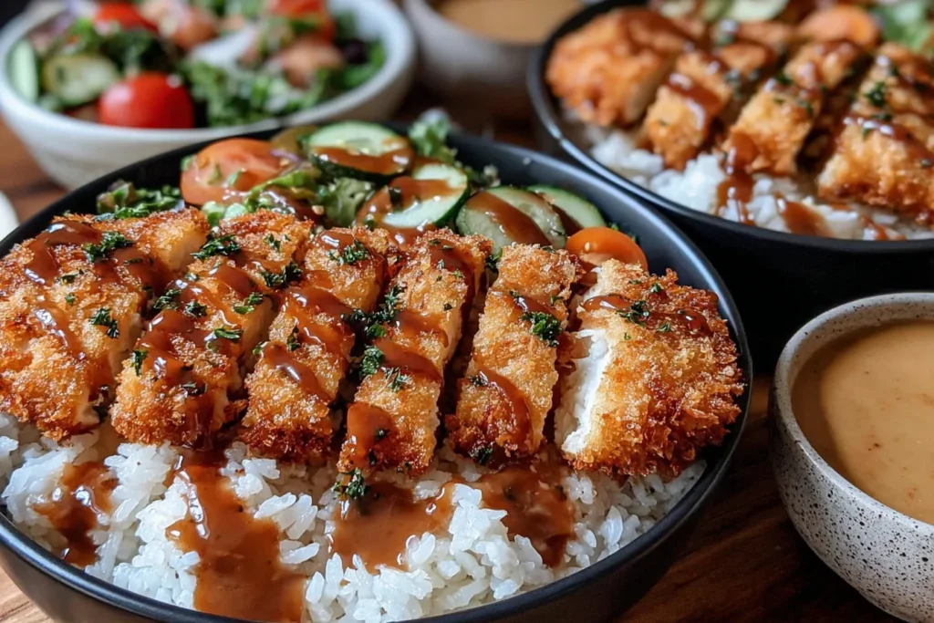 Two Japanese Katsu Bowls with Tonkatsu Sauce featuring crispy chicken katsu, fresh veggies, and steamed rice.