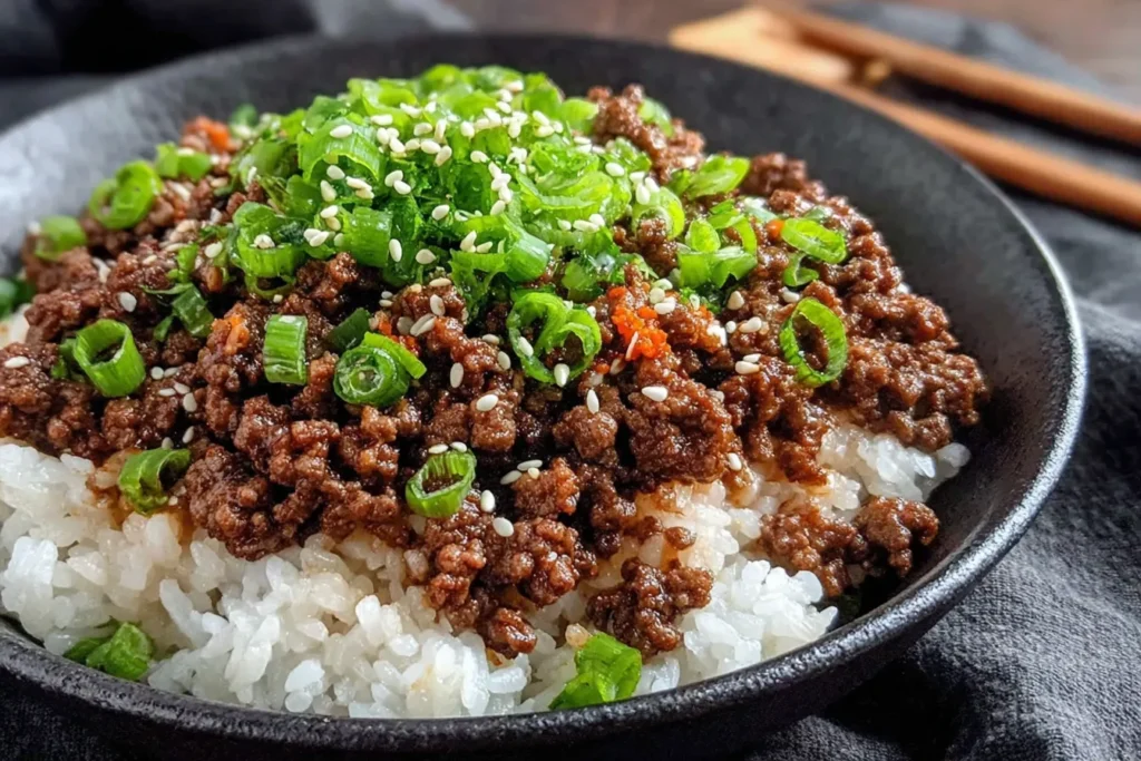 Korean Ground Beef Bowl topped with green onions and sesame seeds over warm rice.