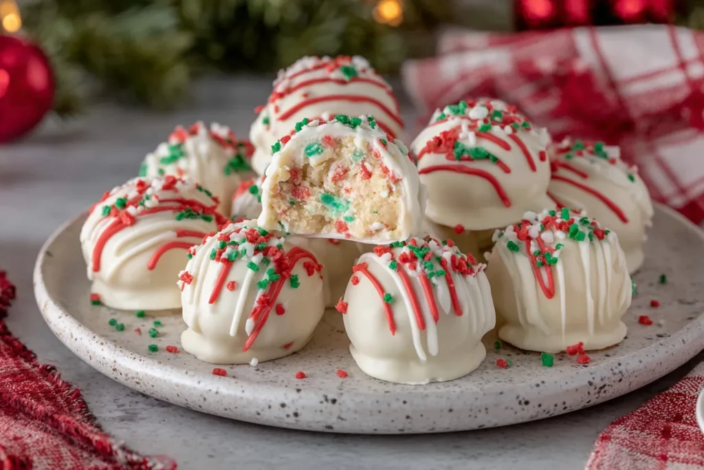 Plate of Little Debbie Christmas Tree Cake Truffles (Easy No-Bake Recipe) drizzled with red chocolate and topped with green and red sprinkles.