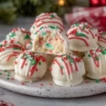 Plate of Little Debbie Christmas Tree Cake Truffles (Easy No-Bake Recipe) drizzled with red chocolate and topped with green and red sprinkles.