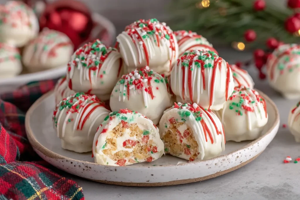 White chocolate–coated Little Debbie Christmas Tree Cake Truffles (Easy No-Bake Recipe) topped with red and green sprinkles on a holiday plate.