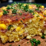 Loaded Cornbread Casserole packed with corn, bacon, and herbs on a wooden board.