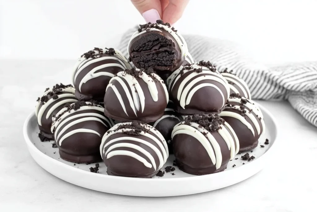No Bake Holiday Oreo Truffles with white chocolate drizzle, one truffle cut open to show the soft Oreo center