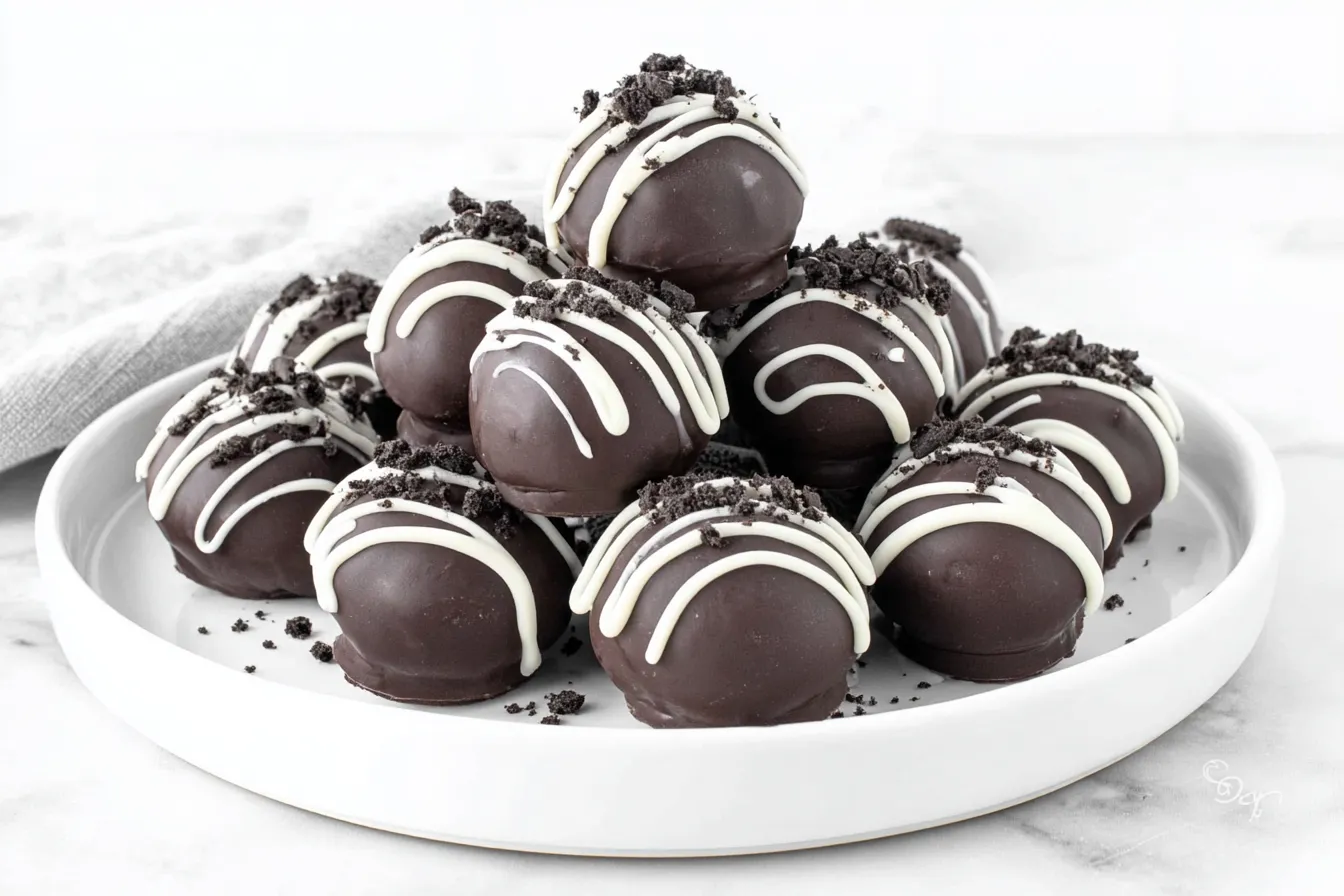 No Bake Holiday Oreo Truffles stacked on a white plate with white chocolate drizzle and crushed Oreos