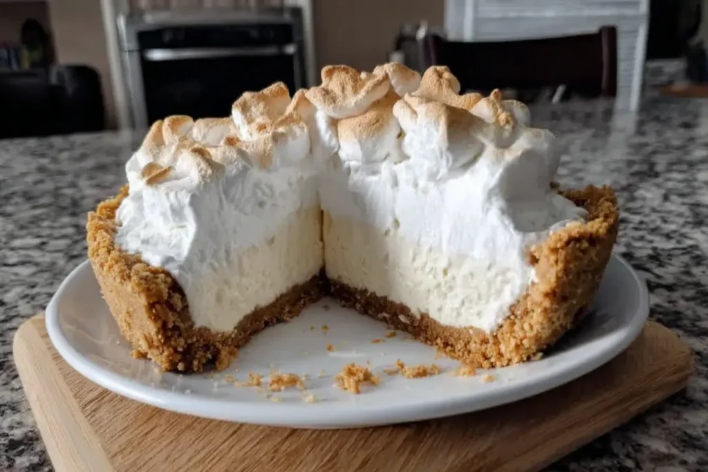 Marshmallow Whip Cheesecake with toasted topping and a thick creamy filling inside a graham cracker crust