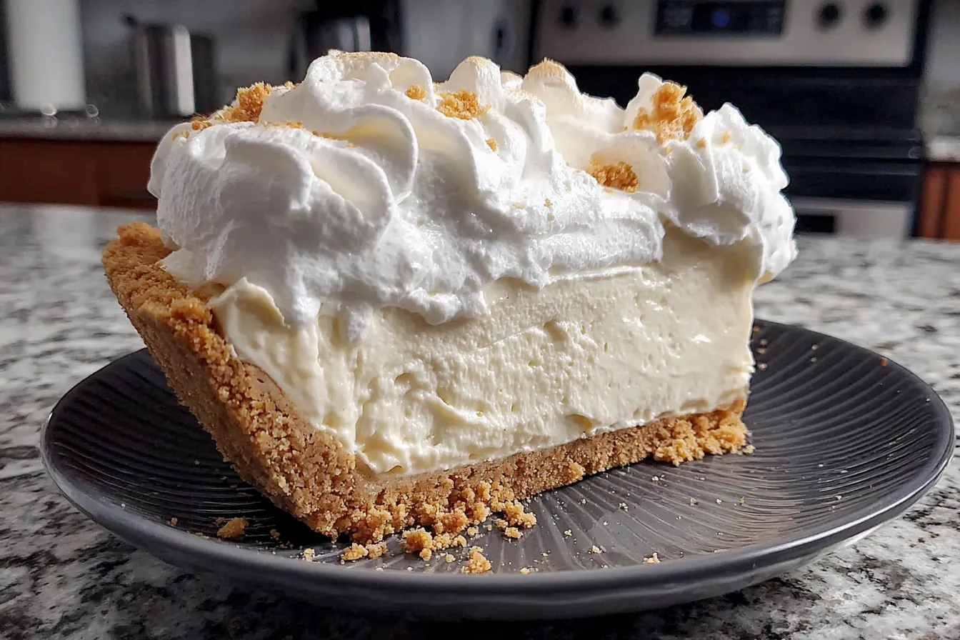 Close-up of Marshmallow Whip Cheesecake slice with fluffy whipped topping and creamy no-bake filling