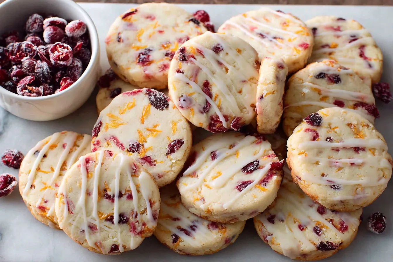 Orange Cranberry Shortbread Cookies with white glaze and bright citrus zest
