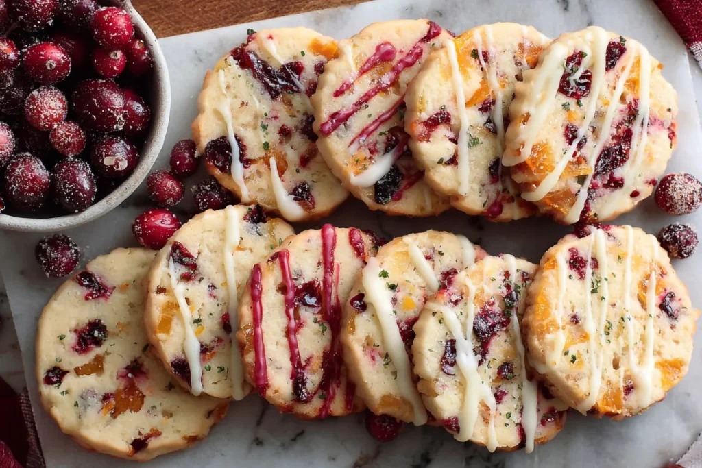 Orange Cranberry Shortbread Cookies drizzled with white and cranberry glaze on a marble board