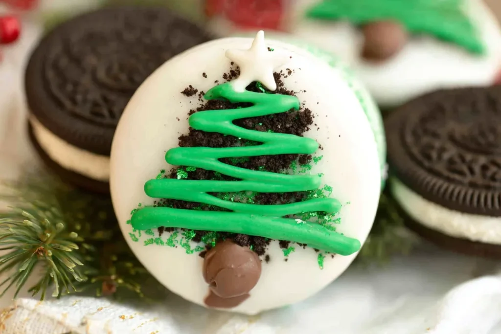 Close-up of a Christmas Oreo topped with a green chocolate Christmas tree and cookie crumb decorations.