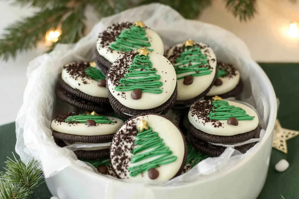 Christmas Oreos decorated with white chocolate and green Christmas tree designs arranged in a festive bowl.