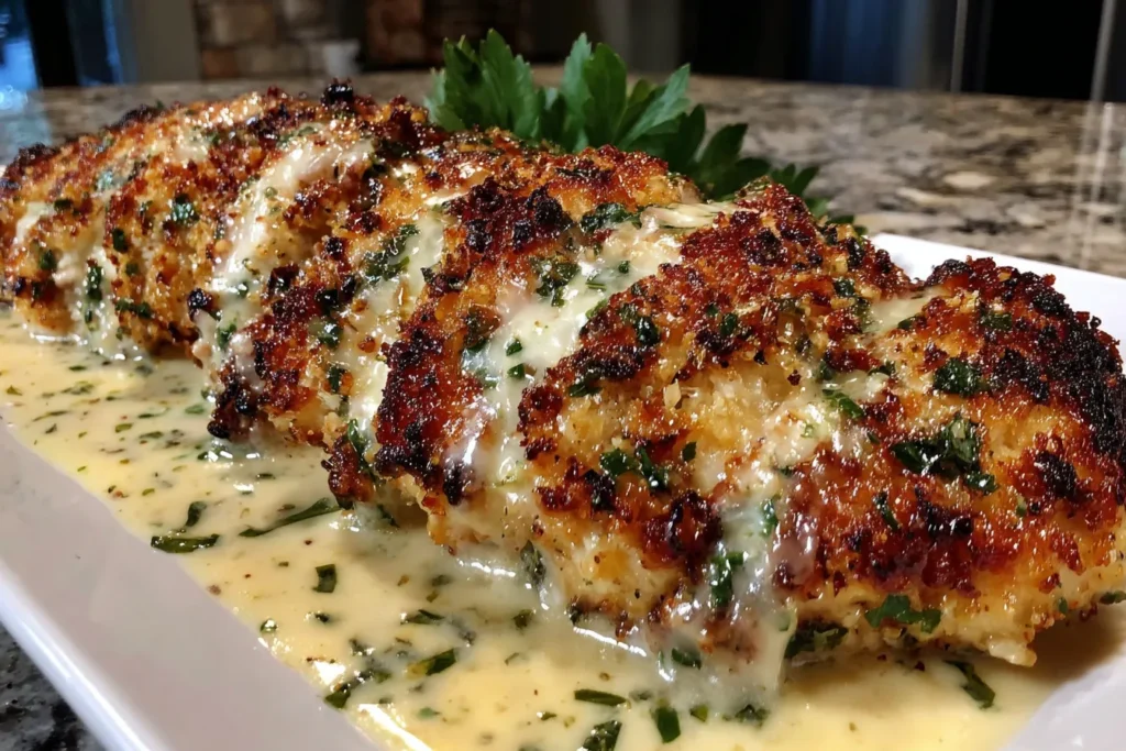Parmesan Crusted Chicken With Creamy Garlic Sauce close-up showing golden crispy crust and rich garlic sauce.