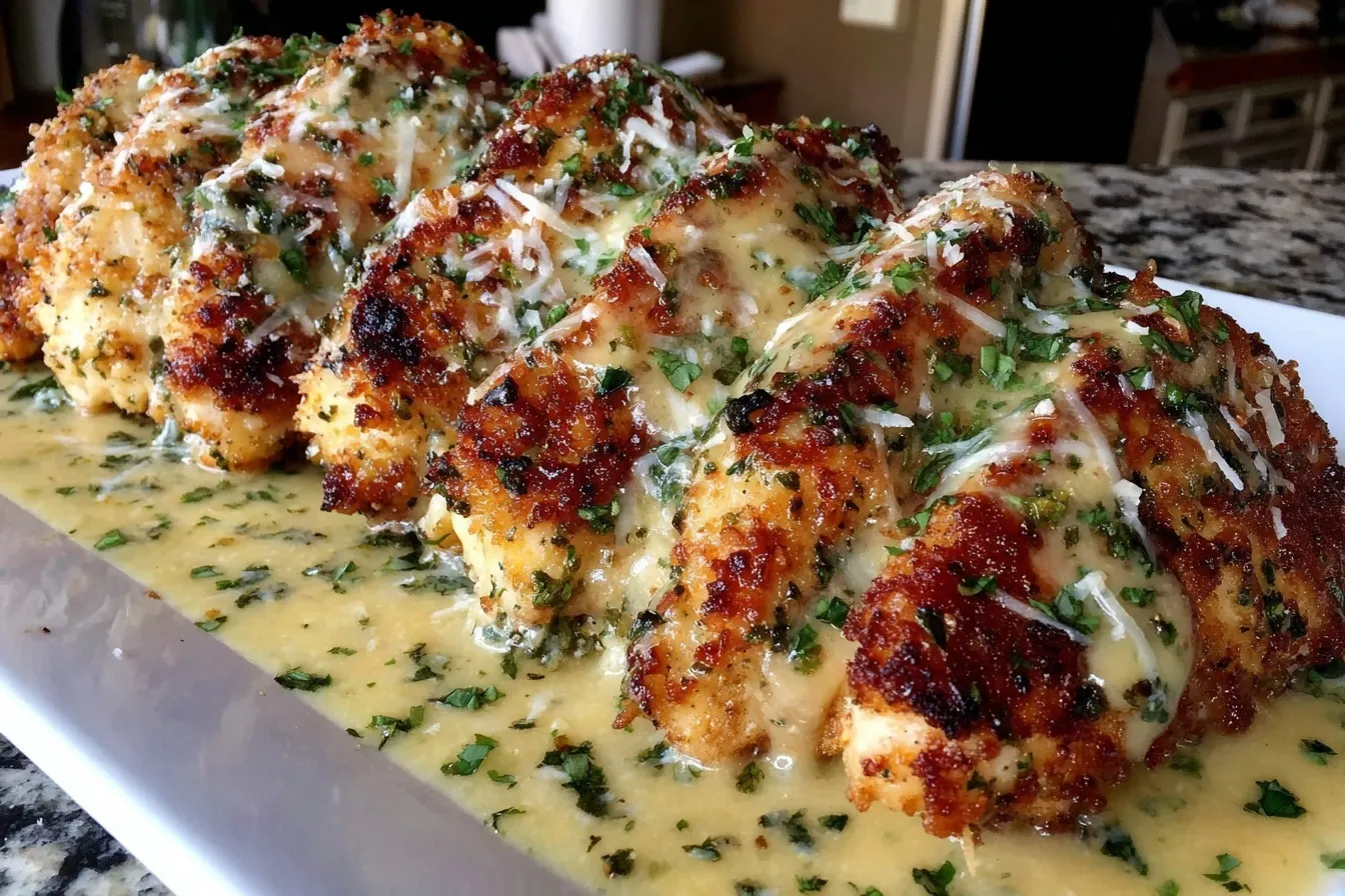 Parmesan Crusted Chicken With Creamy Garlic Sauce topped with fresh herbs and melted Parmesan.