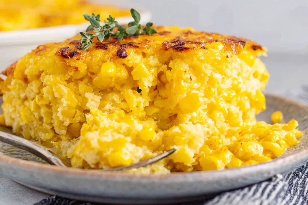 Moist Paula Deen’s Corn Casserole served on a plate with a golden, slightly caramelized top
