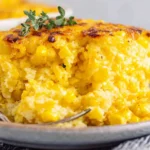 Moist Paula Deen’s Corn Casserole served on a plate with a golden, slightly caramelized top