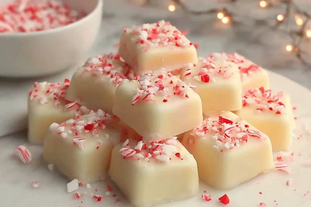 Peppermint Meltaways arranged on a white plate sprinkled with crushed peppermint candy