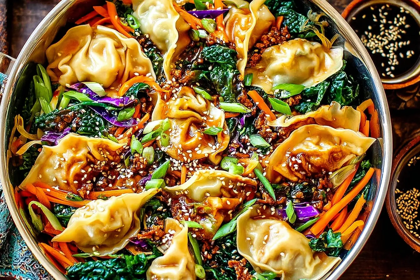 Potsticker Noodle Bowls loaded with vegetables, dumplings, and savory sauce in a skillet.