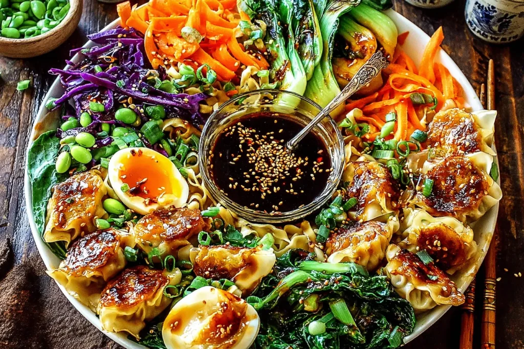 Potsticker Noodle Bowls with crispy dumplings, fresh vegetables, soft-boiled egg, and dipping sauce.