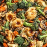 Potsticker Stir Fry with dumplings, broccoli, mushrooms, and carrots in a savory thick sauce