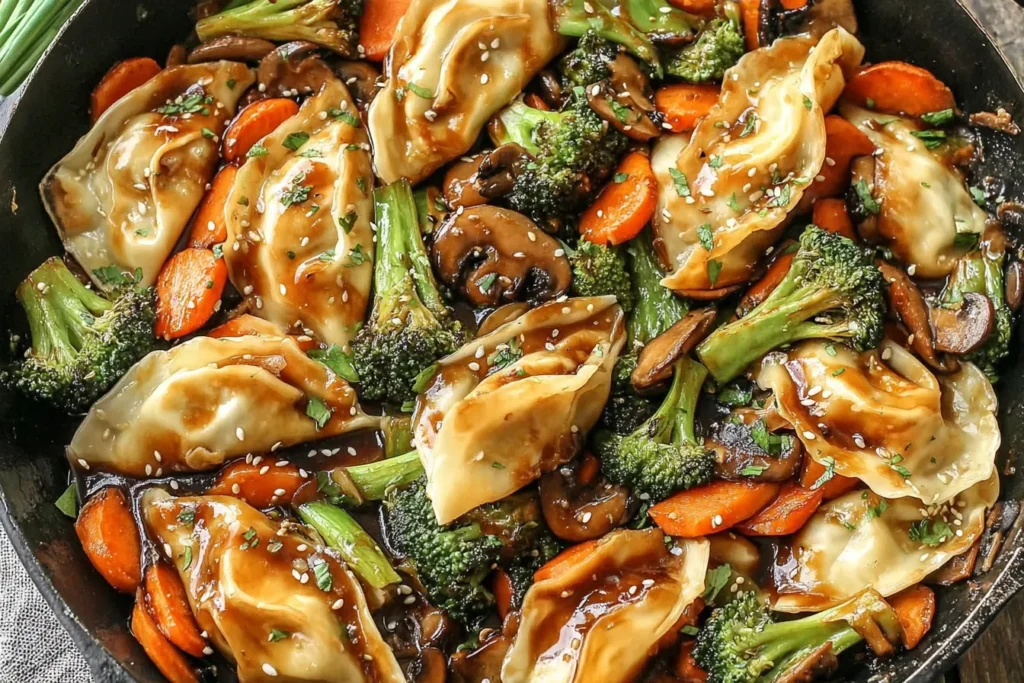 Potsticker Stir Fry with broccoli, carrots, mushrooms, and dumplings coated in a glossy sauce in a skillet