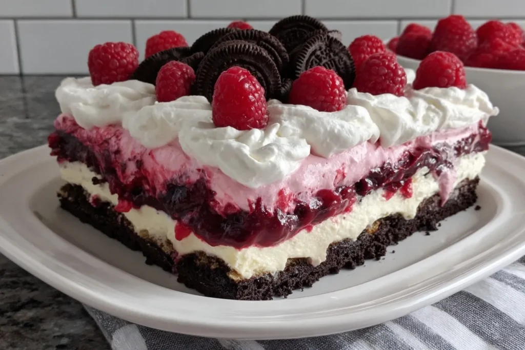Raspberry Chocolate Lasagna Dessert with Oreo crust, raspberry filling, whipped cream, and fresh raspberries on top.