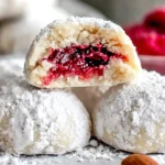 Raspberry Filled Almond Snowball Cookies stacked with a visible raspberry jam filling and coated generously in powdered sugar.