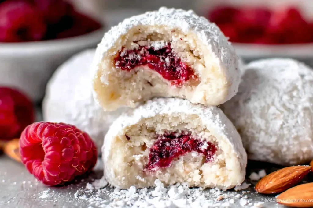 Raspberry Filled Almond Snowball Cookies showing a soft almond cookie with a bright raspberry jam center and powdered sugar coating.