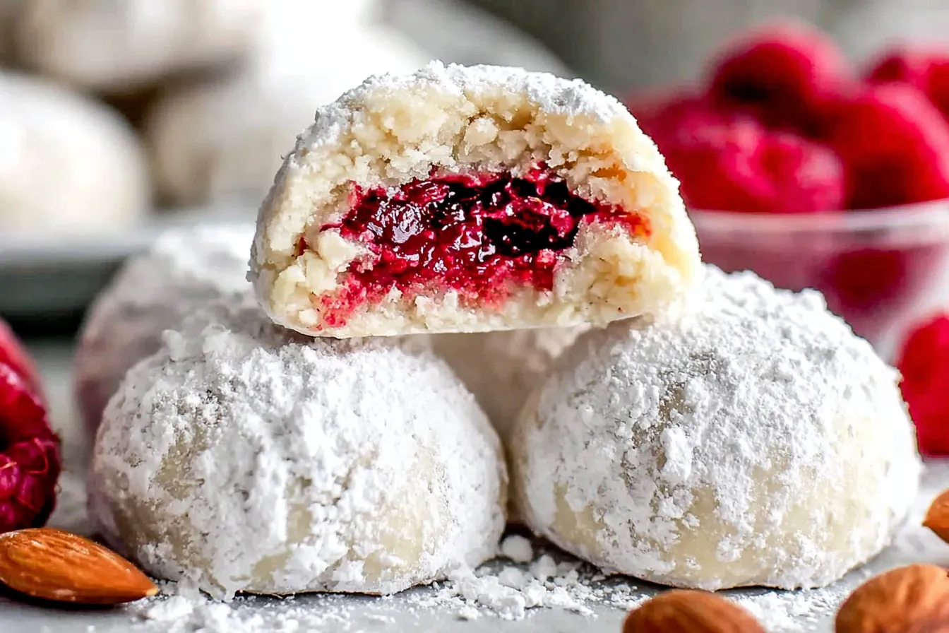 Raspberry Filled Almond Snowball Cookies stacked with a visible raspberry jam filling and coated generously in powdered sugar.