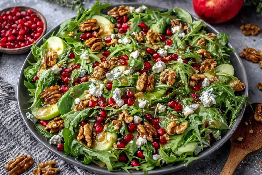 Fresh Salad with Honey Mustard Dressing topped with pomegranate seeds, walnuts, blue cheese, and apples.