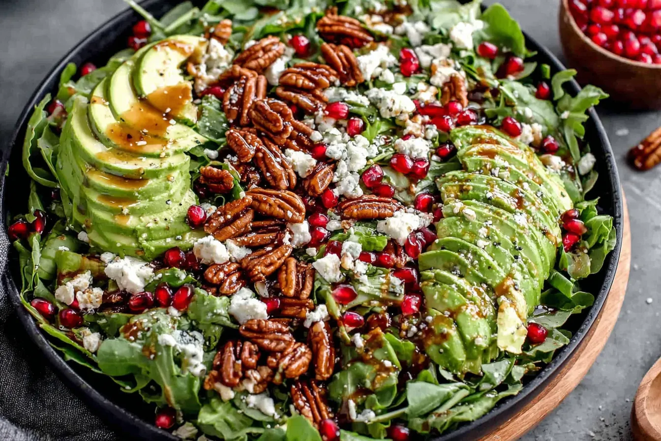 Christmas Salad with Honey Mustard Dressing featuring avocado slices, pecans, pomegranate seeds, and crumbled cheese.