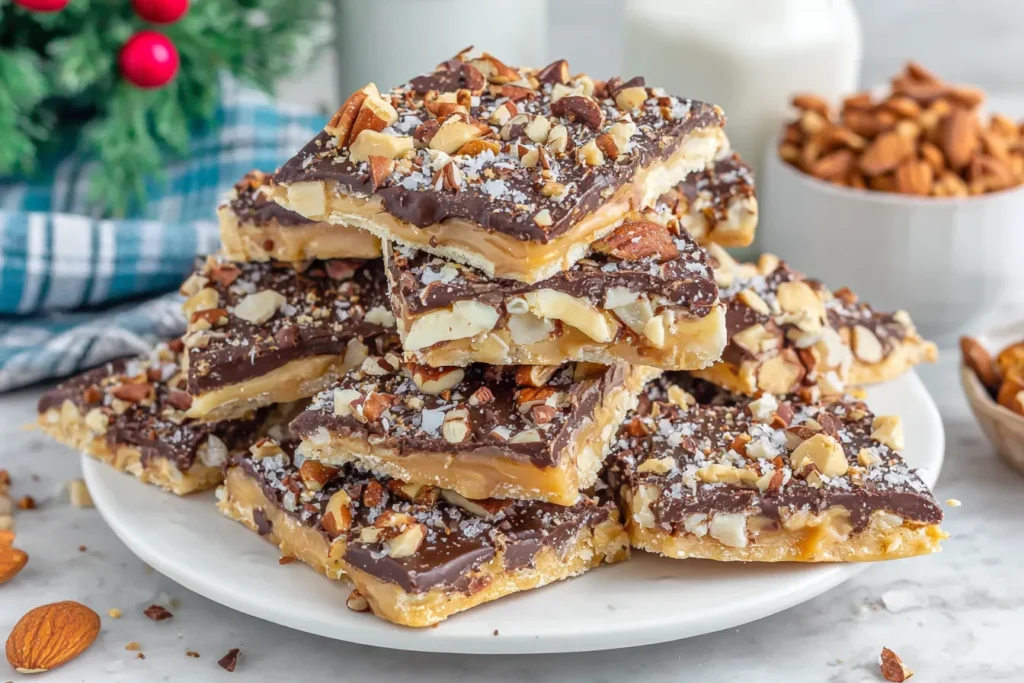 Saltine Cracker Toffee stacked on a plate with chocolate and nuts, showing crunchy layers of caramel, crackers, and melted chocolate.