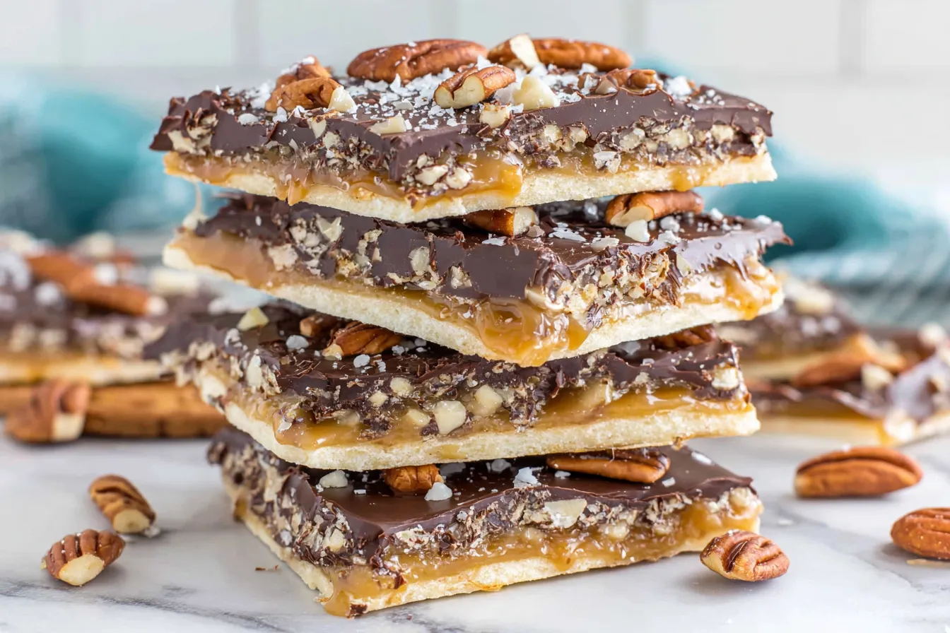 Saltine Cracker Toffee pieces layered with caramel, chocolate, and pecans, stacked in a tall pile for a holiday treat.