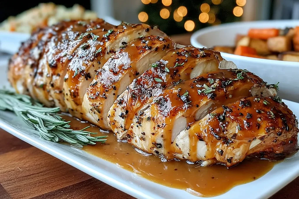Sliced Slow Cooker Amish Maple Turkey Breast with gravy and rosemary.