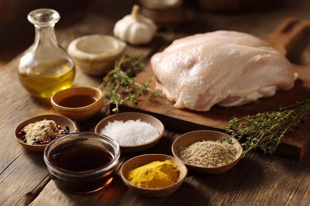 Ingredients for Slow Cooker Amish Maple Turkey Breast on a wooden table.