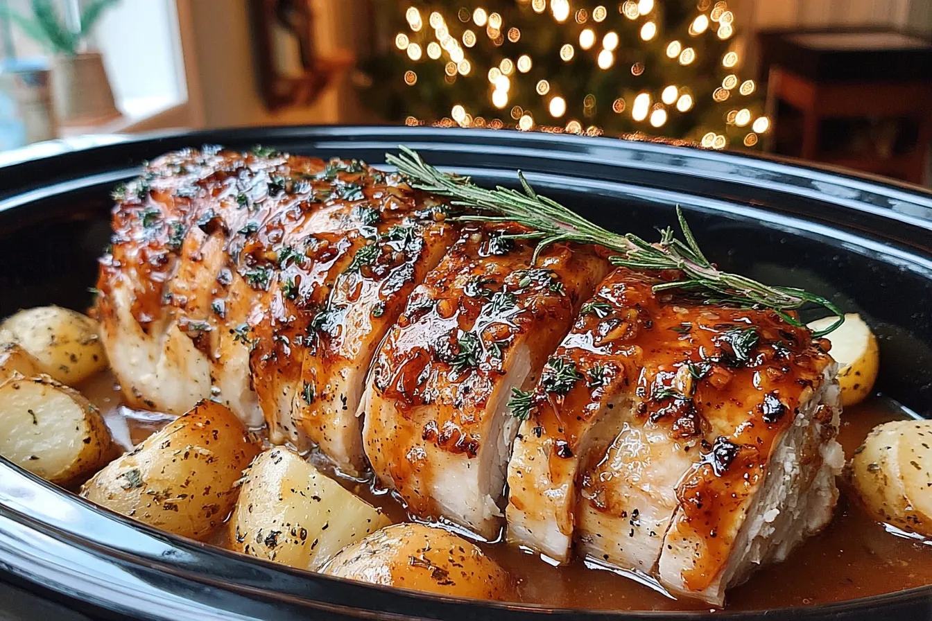 Slow Cooker Amish Maple Turkey Breast with potatoes and herbs.