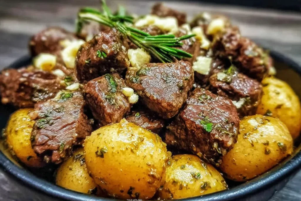 Slow Cooker Garlic Butter Beef Bites topped with herbs and served with baby potatoes