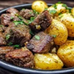 Slow Cooker Garlic Butter Beef Bites with tender baby potatoes in a black bowl