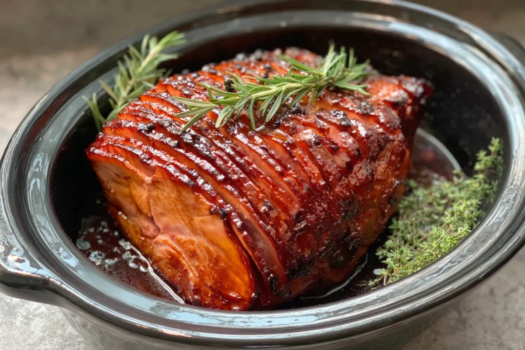 Slow Cooker Honey Glazed Ham cooking in a slow cooker with rosemary and thyme.
